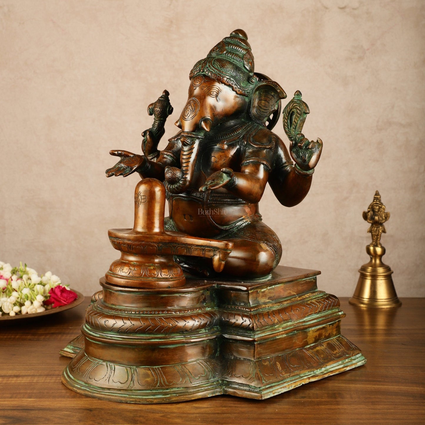 Pure Brass Ganapati with Shiv Ling Statue | Antique Bronze Finish | 14.5 Inch - Budhshiv.com