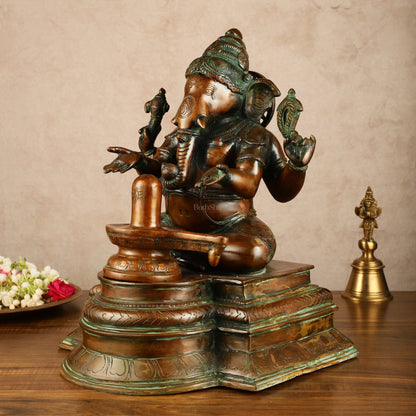 Pure Brass Ganapati with Shiv Ling Statue | Antique Bronze Finish | 14.5 Inch - Budhshiv.com