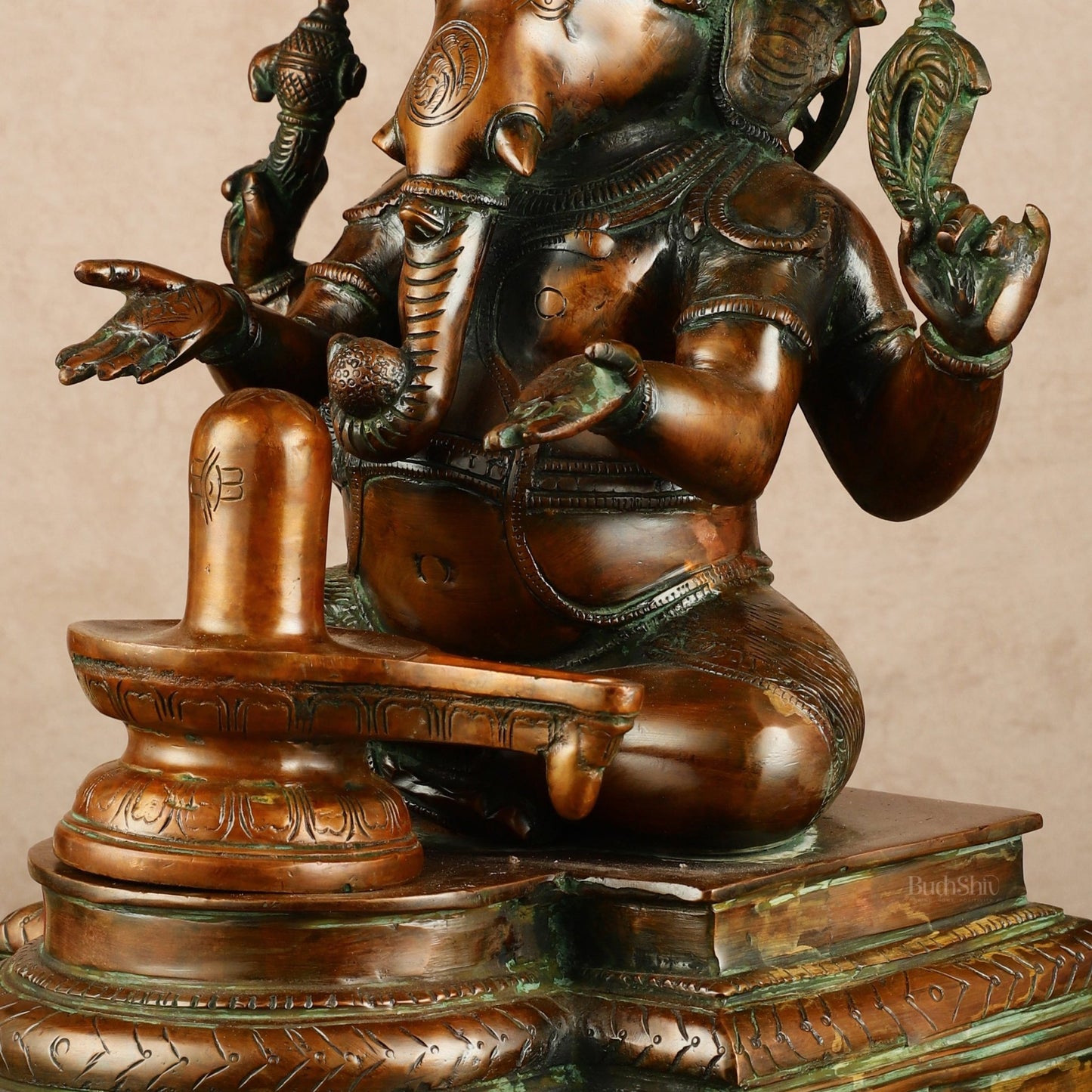 Pure Brass Ganapati with Shiv Ling Statue | Antique Bronze Finish | 14.5 Inch - Budhshiv.com