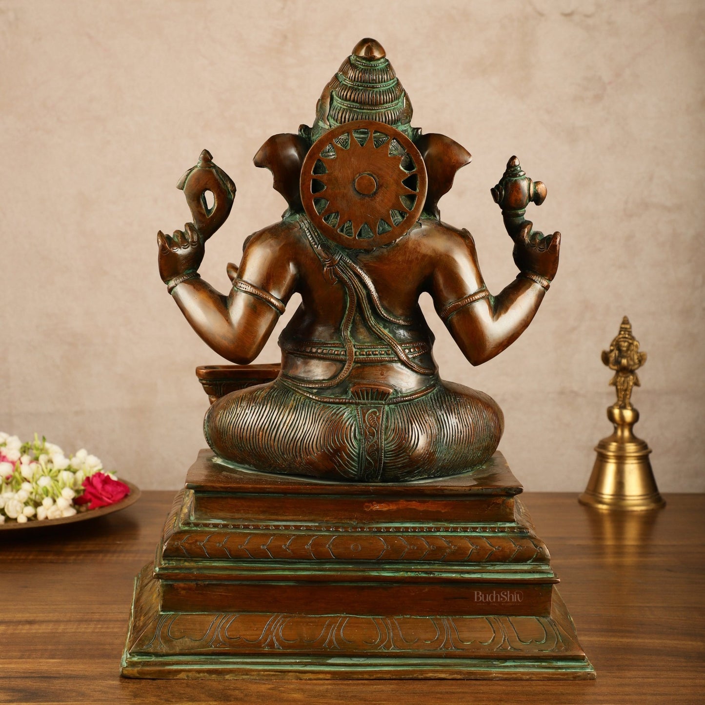 Pure Brass Ganapati with Shiv Ling Statue | Antique Bronze Finish | 14.5 Inch - Budhshiv.com