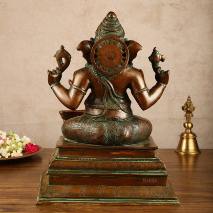 Pure Brass Ganapati with Shiv Ling Statue | Antique Bronze Finish | 14.5 Inch - Budhshiv.com