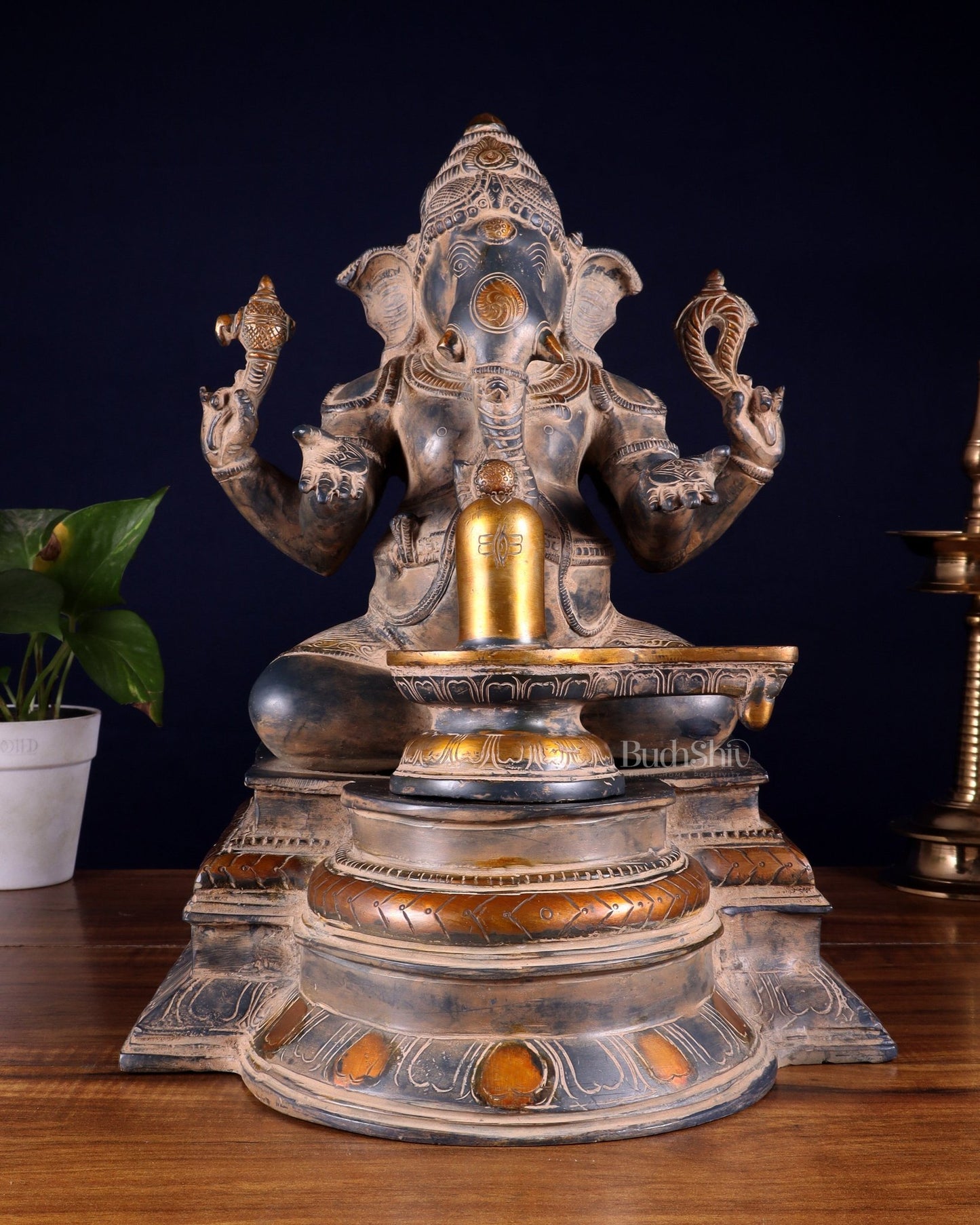 Pure Brass Ganapati with Shiv Ling Statue | Vintage Patina | 14 Inch - Budhshiv.com