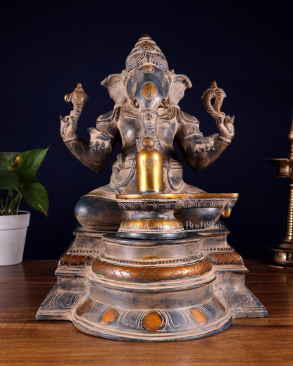 Pure Brass Ganapati with Shiv Ling Statue | Vintage Patina | 14 Inch - Budhshiv.com