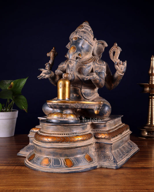 Pure Brass Ganapati with Shiv Ling Statue | Vintage Patina | 14 Inch - Budhshiv.com