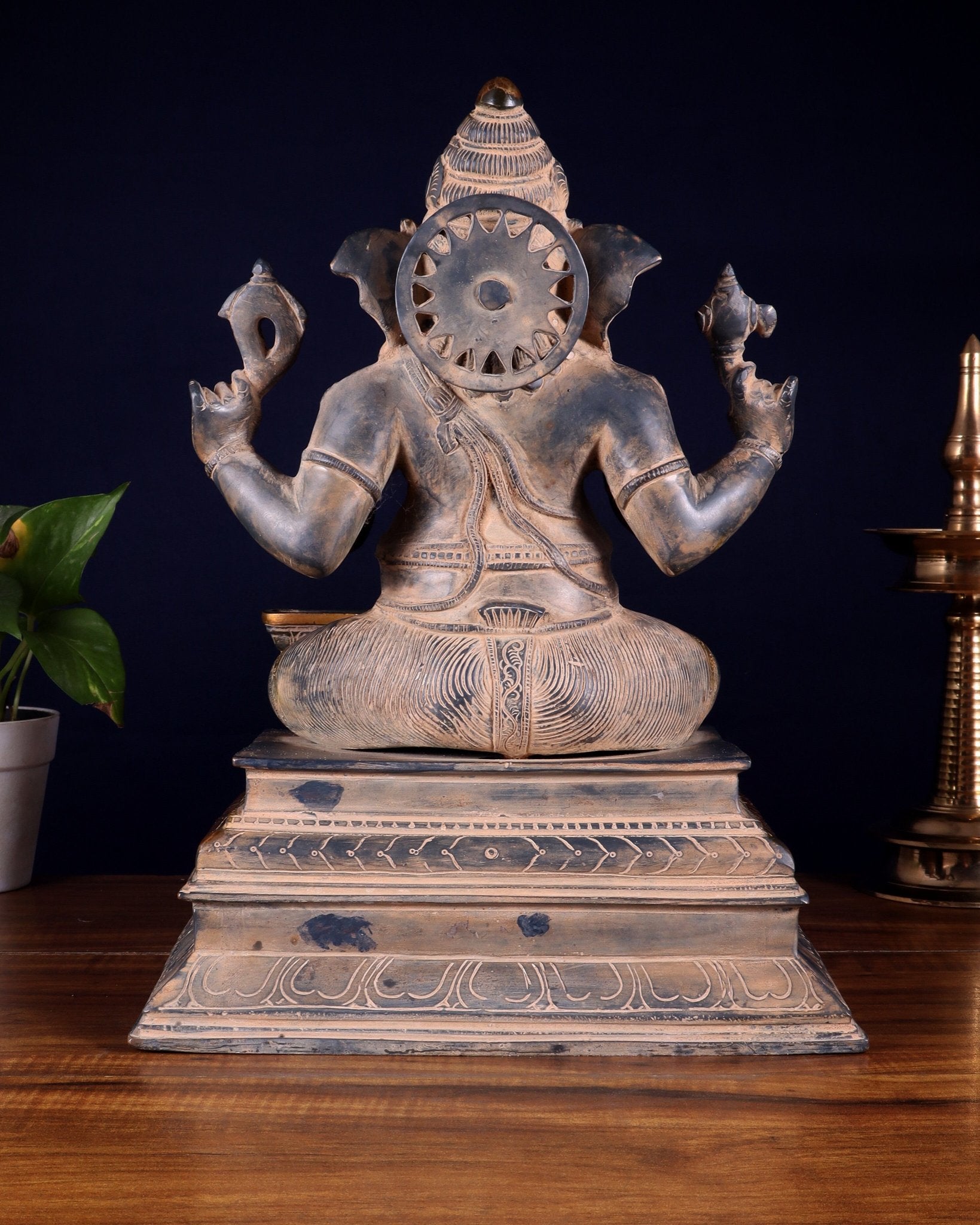 Pure Brass Ganapati with Shiv Ling Statue | Vintage Patina | 14 Inch - Budhshiv.com