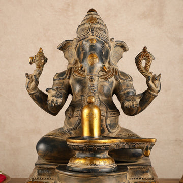Pure Brass Ganapati with Shiv Ling Statue | Vintage Patina | 14 Inch - Budhshiv.com
