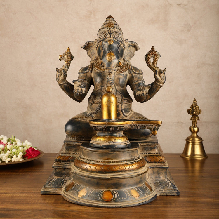 Pure Brass Ganapati with Shiv Ling Statue | Vintage Patina | 14 Inch - Budhshiv.com