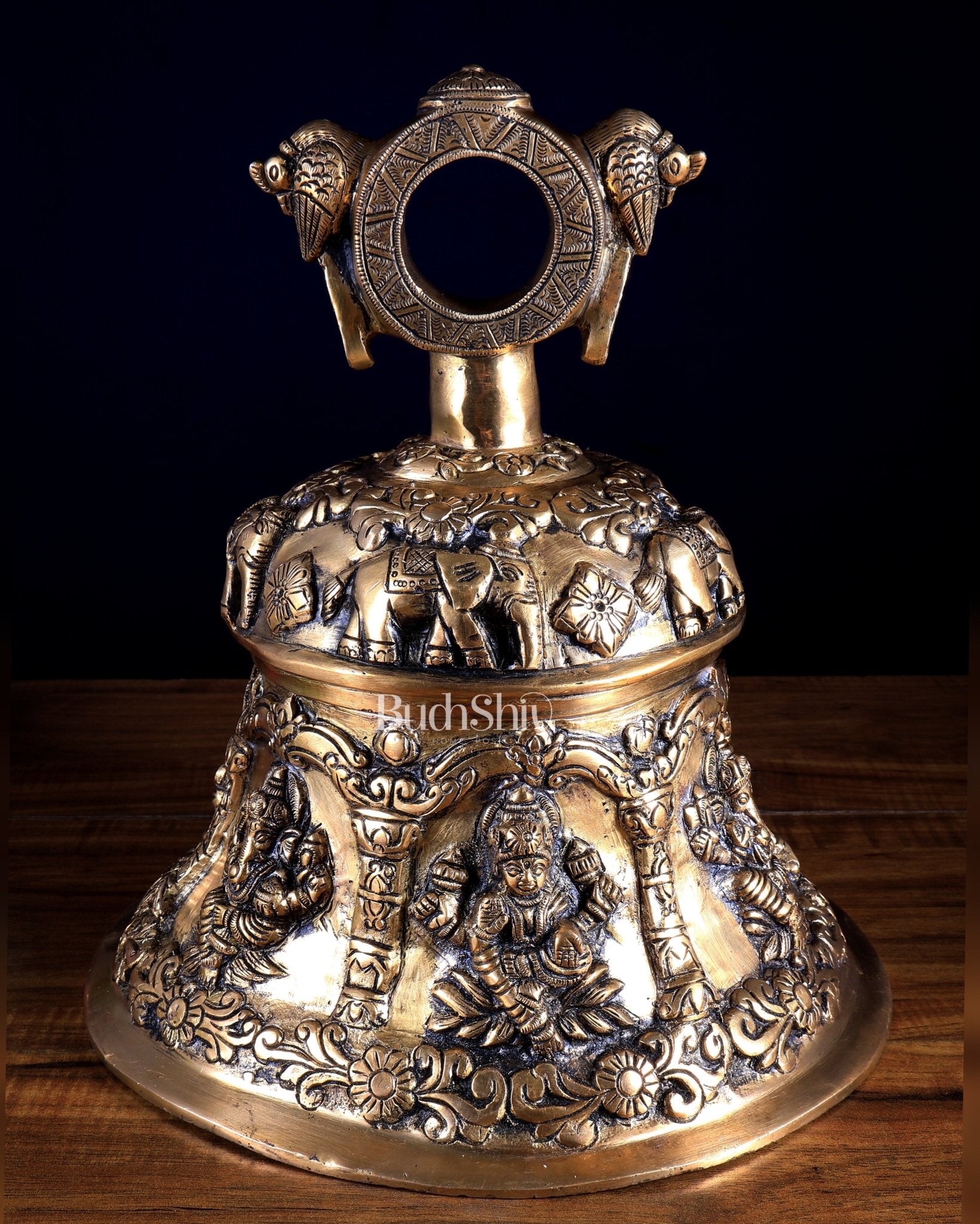 Pure Brass Ganesh Lakshmi Hanging Temple Bell | Heavy Mandir Ghanta - Budhshiv.com