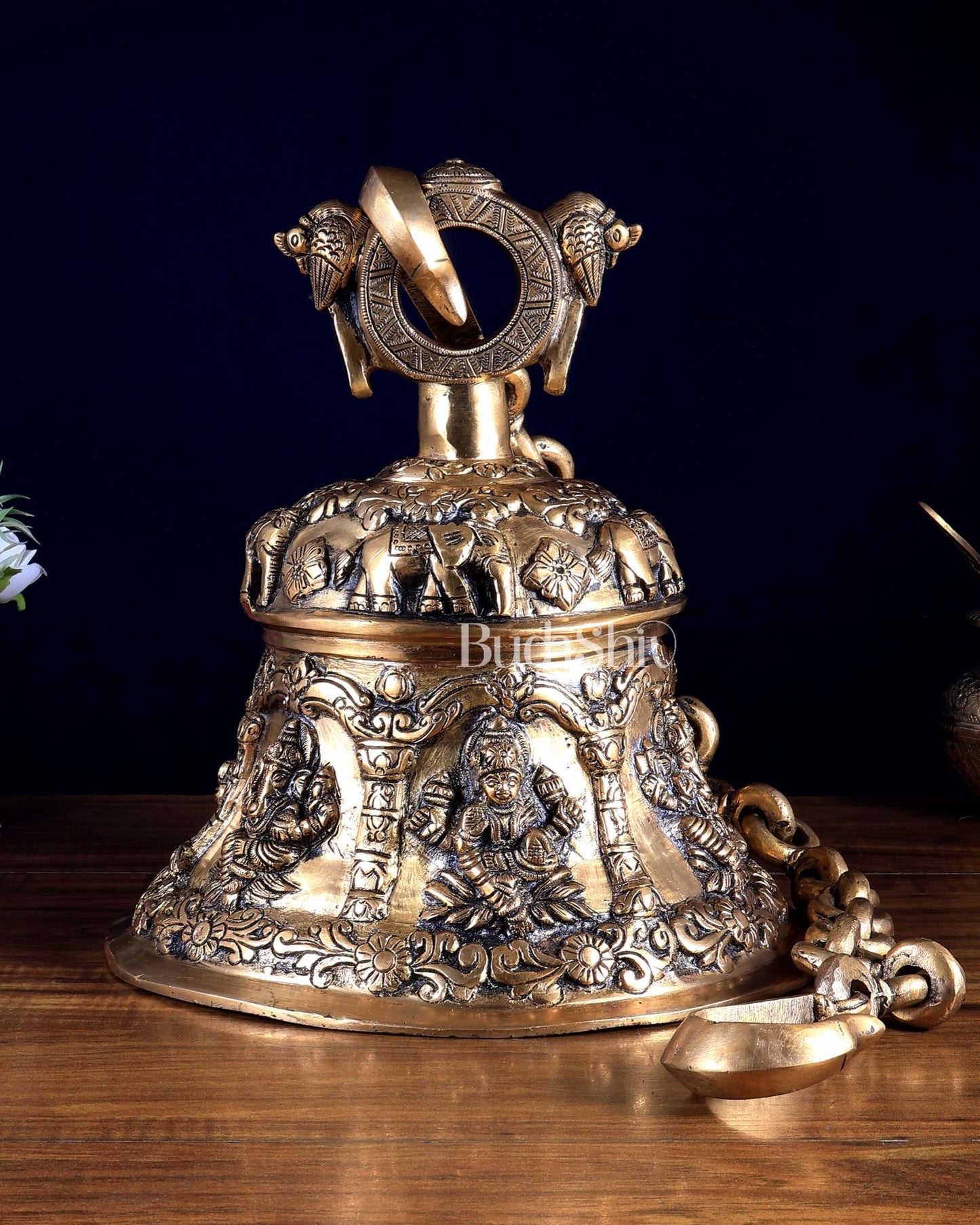 Pure Brass Ganesh Lakshmi Hanging Temple Bell | Heavy Mandir Ghanta - Budhshiv.com