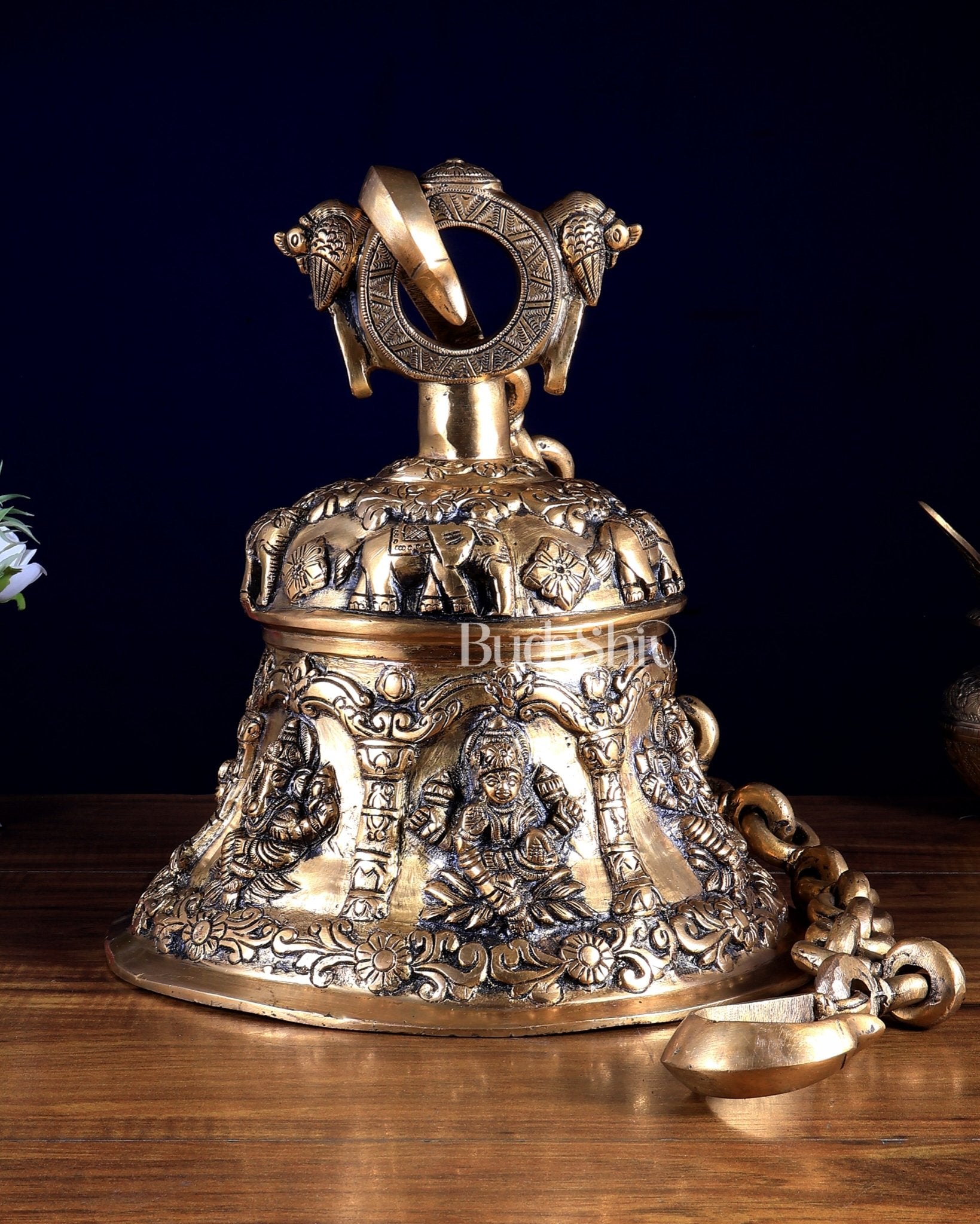 Pure Brass Ganesh Lakshmi Hanging Temple Bell | Heavy Mandir Ghanta - Budhshiv.com