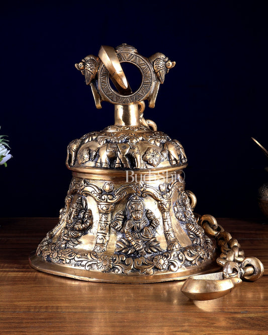 Pure Brass Ganesh Lakshmi Hanging Temple Bell | Heavy Mandir Ghanta - Budhshiv.com
