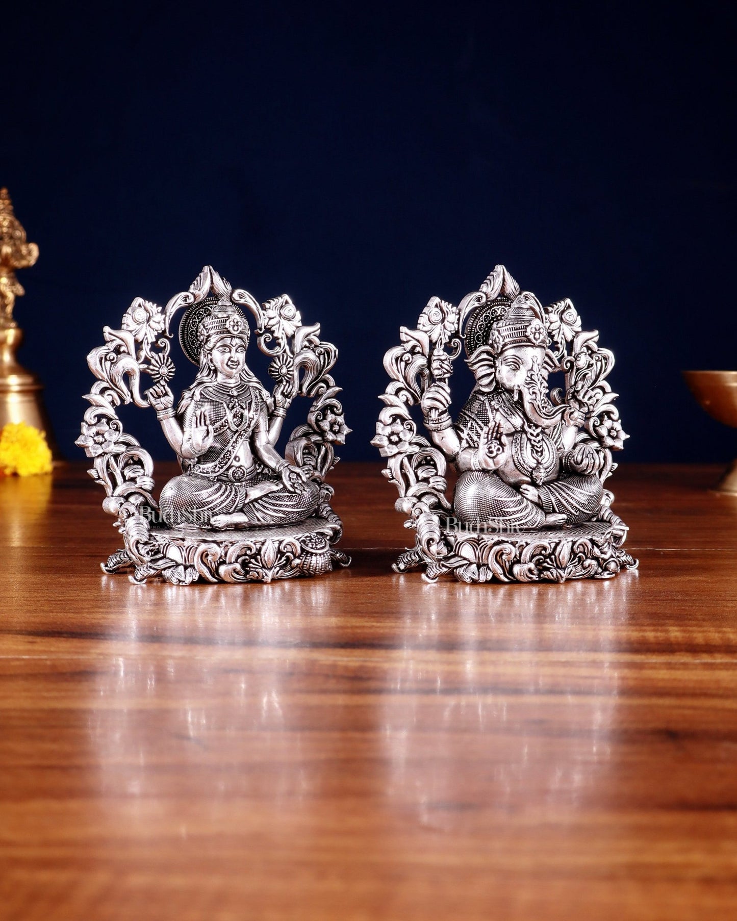 Pure Brass Ganesh Lakshmi Idol - 4 Inch silver plated - Budhshiv.com