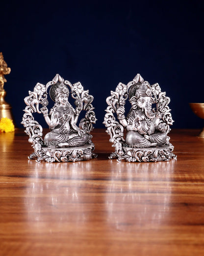 Pure Brass Ganesh Lakshmi Idol - 4 Inch silver plated - Budhshiv.com