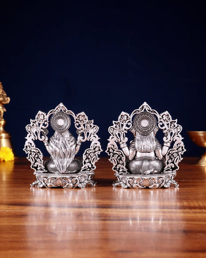 Pure Brass Ganesh Lakshmi Idol - 4 Inch silver plated - Budhshiv.com