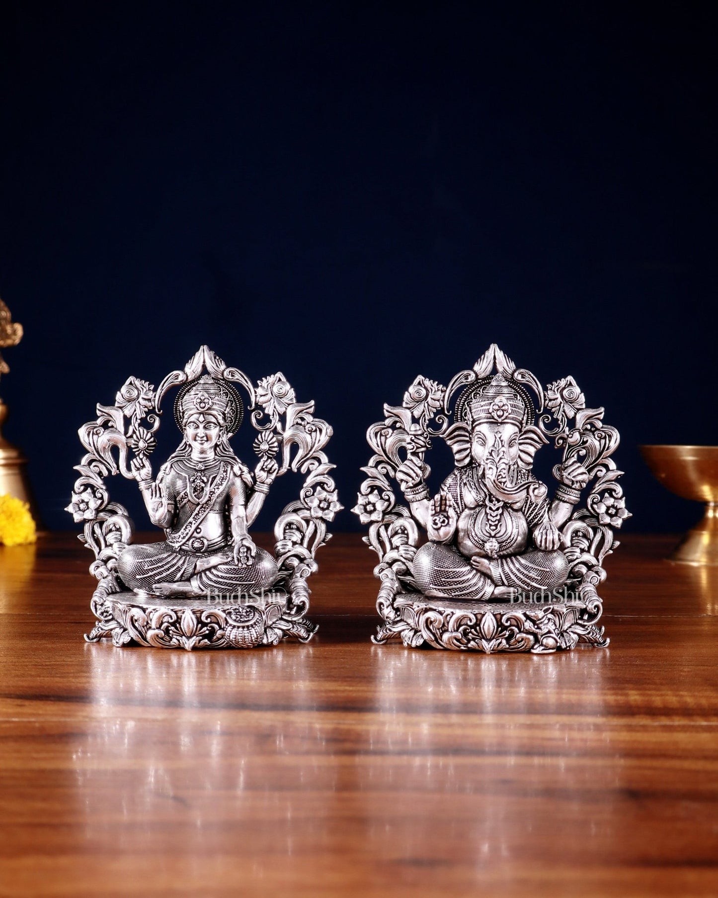 Pure Brass Ganesh Lakshmi Idol - 4 Inch silver plated - Budhshiv.com