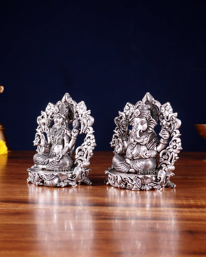 Pure Brass Ganesh Lakshmi Idol - 4 Inch silver plated - Budhshiv.com