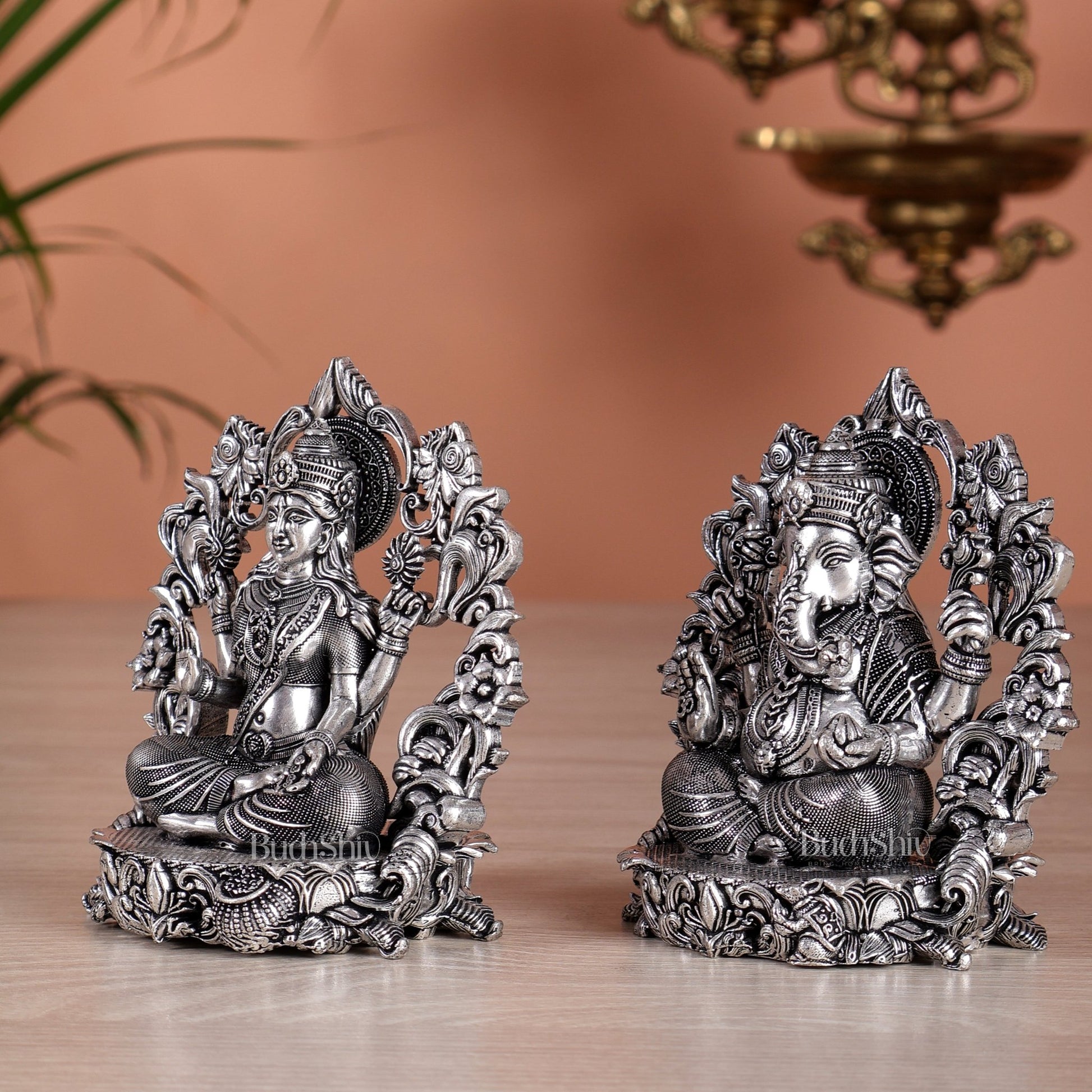 Pure Brass Ganesh Lakshmi Idol - 4 Inch silver plated - Budhshiv.com