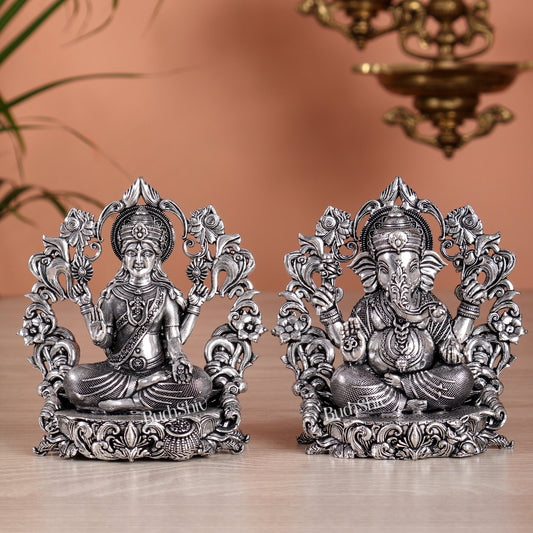 Pure Brass Ganesh Lakshmi Idol - 4 Inch silver plated - Budhshiv.com