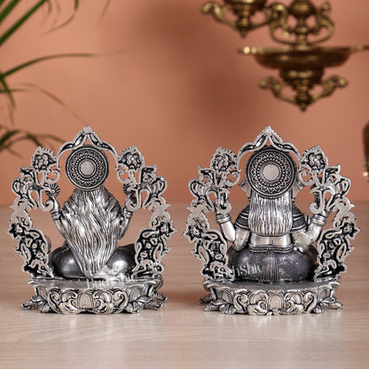 Pure Brass Ganesh Lakshmi Idol - 4 Inch silver plated - Budhshiv.com
