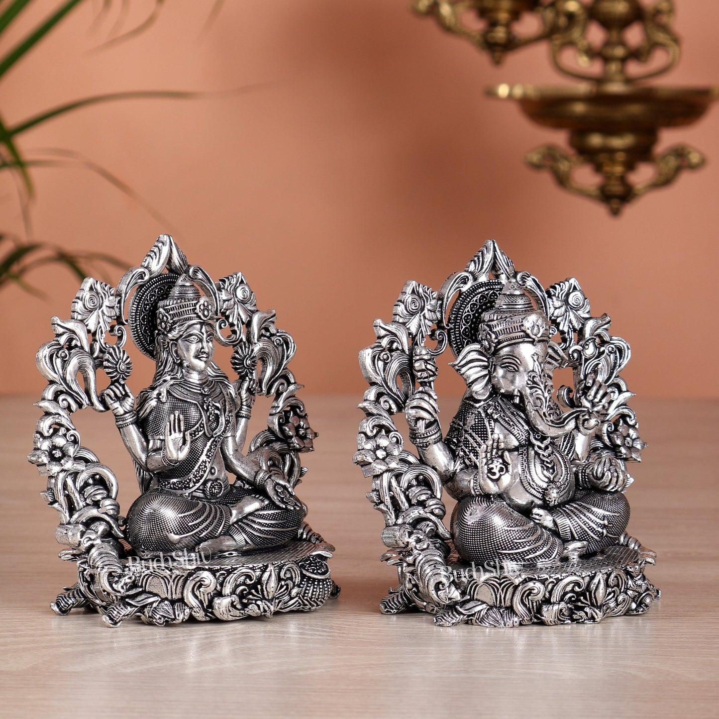 Pure Brass Ganesh Lakshmi Idol - 4 Inch silver plated - Budhshiv.com