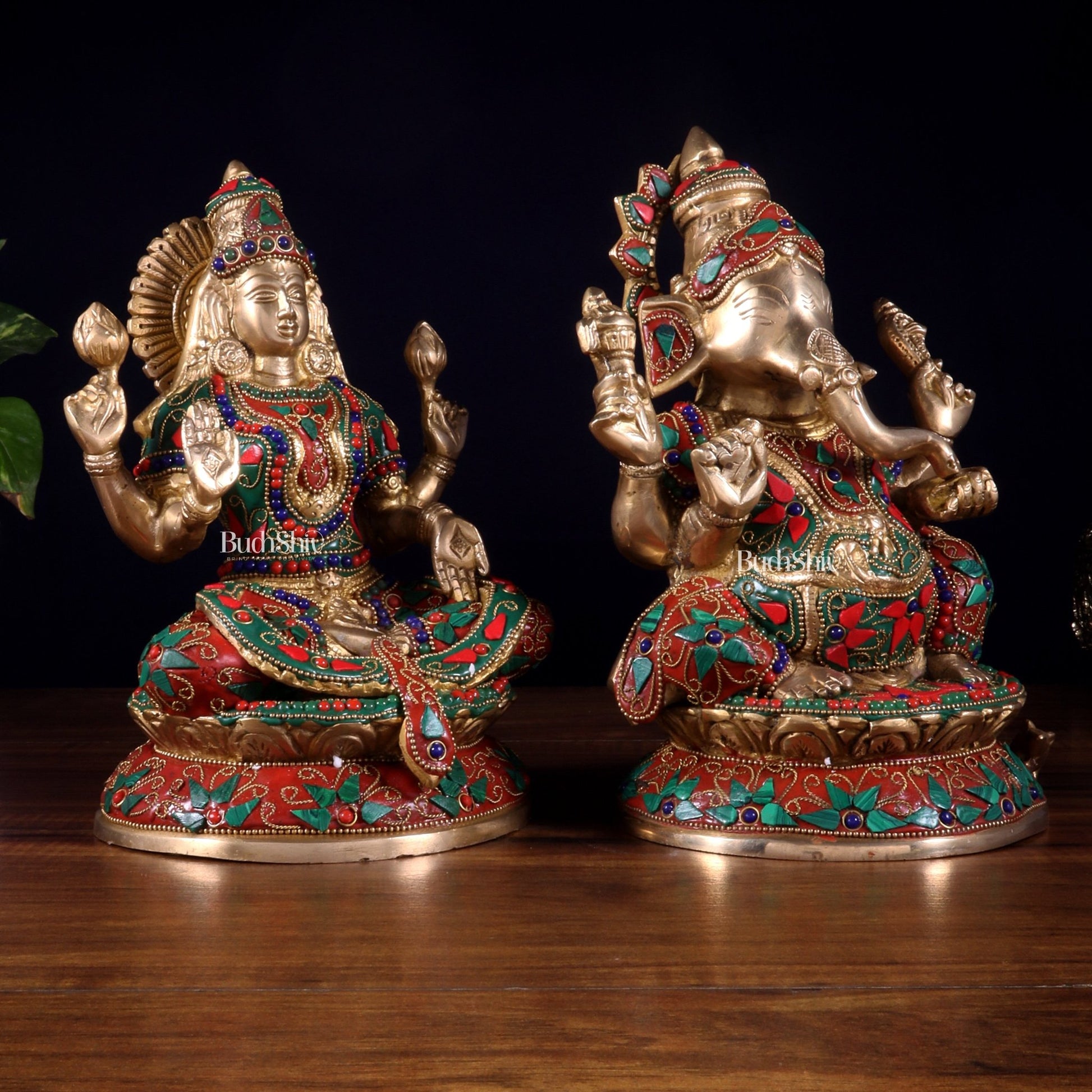 Pure Brass Ganesh Lakshmi Idol Pair – Intricate Floral Stonework 9.5 inch - Budhshiv.com