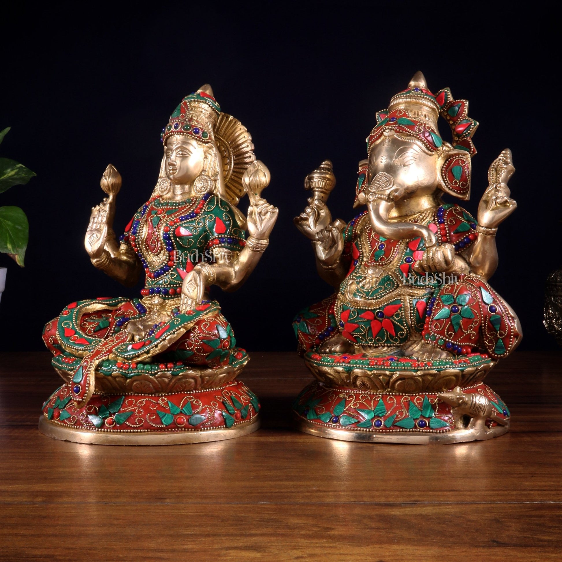 Pure Brass Ganesh Lakshmi Idol Pair – Intricate Floral Stonework 9.5 inch - Budhshiv.com