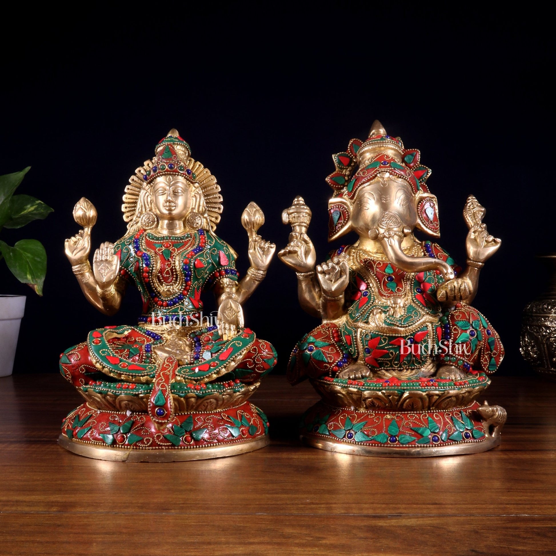 Pure Brass Ganesh Lakshmi Idol Pair – Intricate Floral Stonework 9.5 inch - Budhshiv.com
