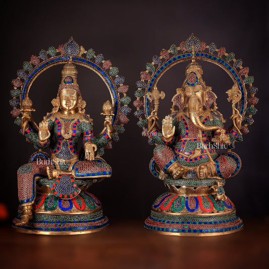 Pure Brass Ganesh Lakshmi Idol Pair with Meenakari Stonework – 27" - Budhshiv.com