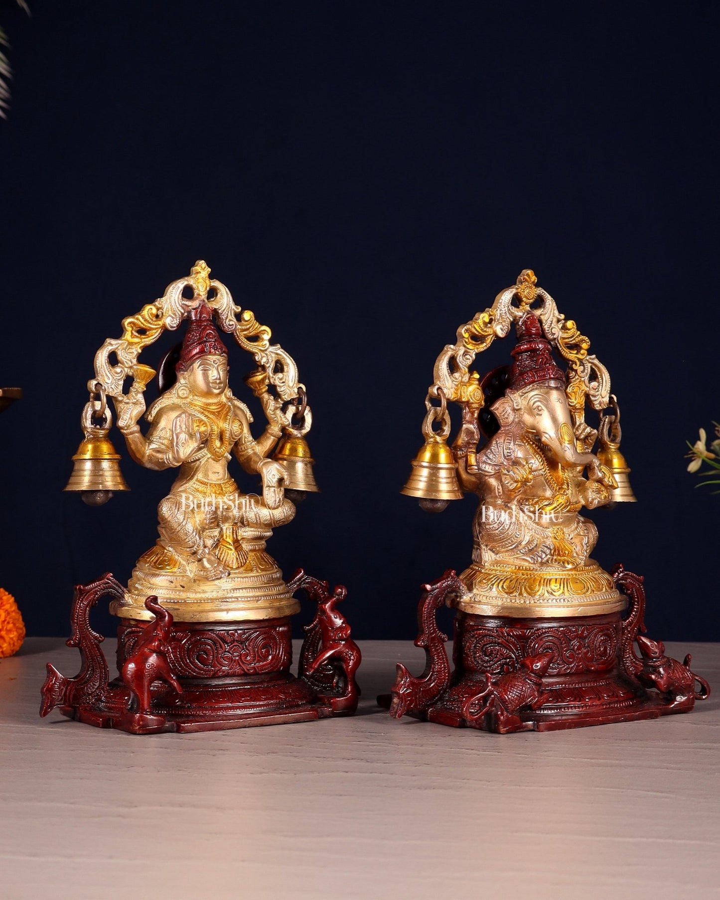 Pure Brass Ganesh Lakshmi Idol Pair with Prabhavali & Hanging Bells 8.2" - Budhshiv.com