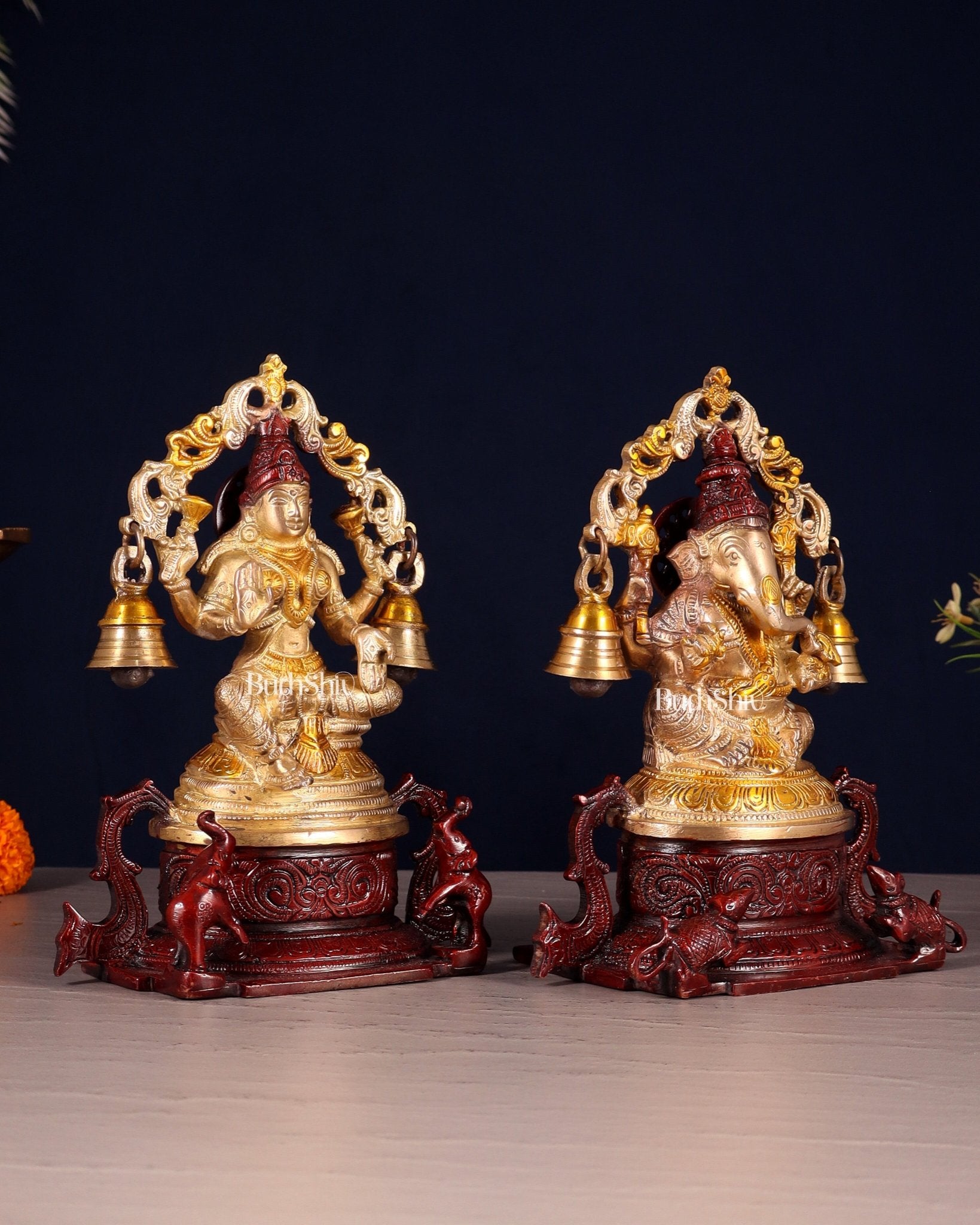 Pure Brass Ganesh Lakshmi Idol Pair with Prabhavali & Hanging Bells 8.2" - Budhshiv.com
