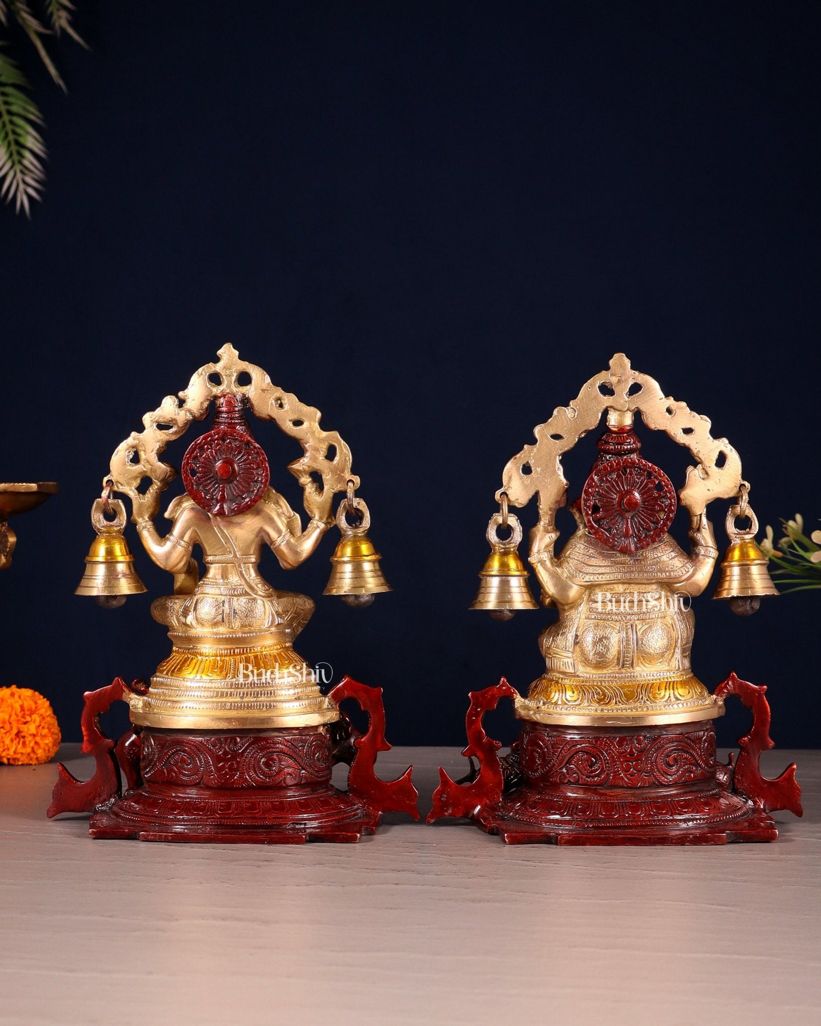 Pure Brass Ganesh Lakshmi Idol Pair with Prabhavali & Hanging Bells 8.2" - Budhshiv.com