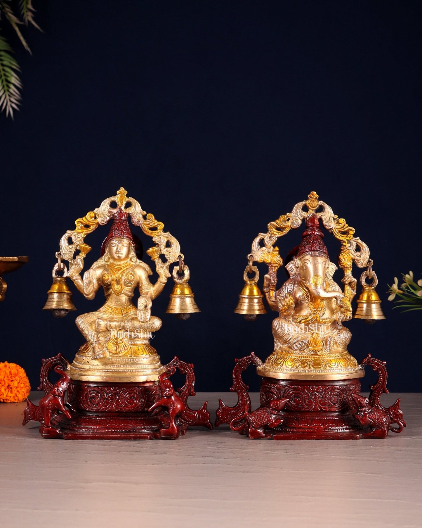 Pure Brass Ganesh Lakshmi Idol Pair with Prabhavali & Hanging Bells 8.2" - Budhshiv.com