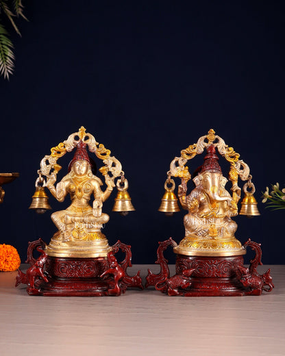 Pure Brass Ganesh Lakshmi Idol Pair with Prabhavali & Hanging Bells 8.2" - Budhshiv.com