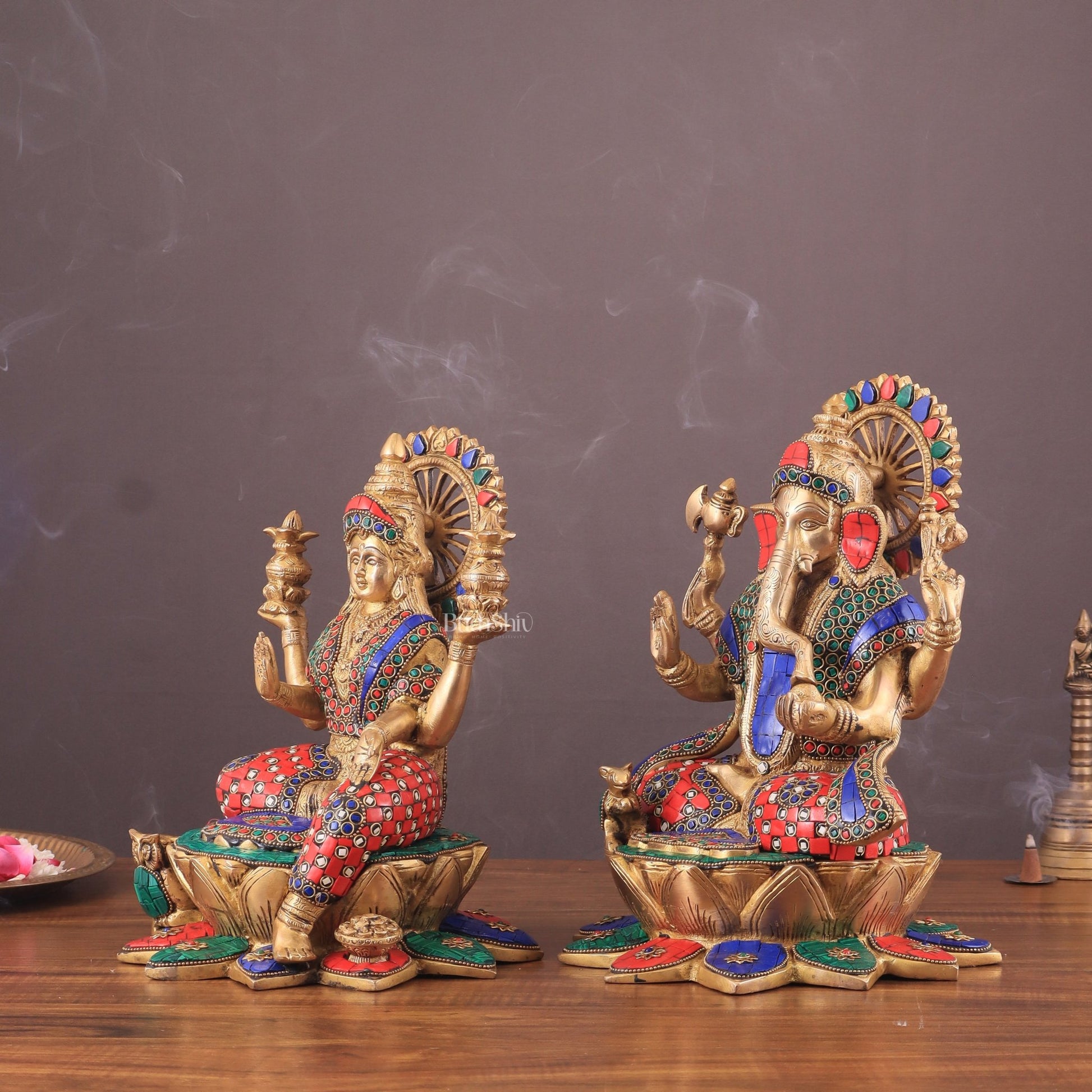 Pure Brass Ganesh Lakshmi idols Pair | 12 Inch meenakari Stonework - Budhshiv.com