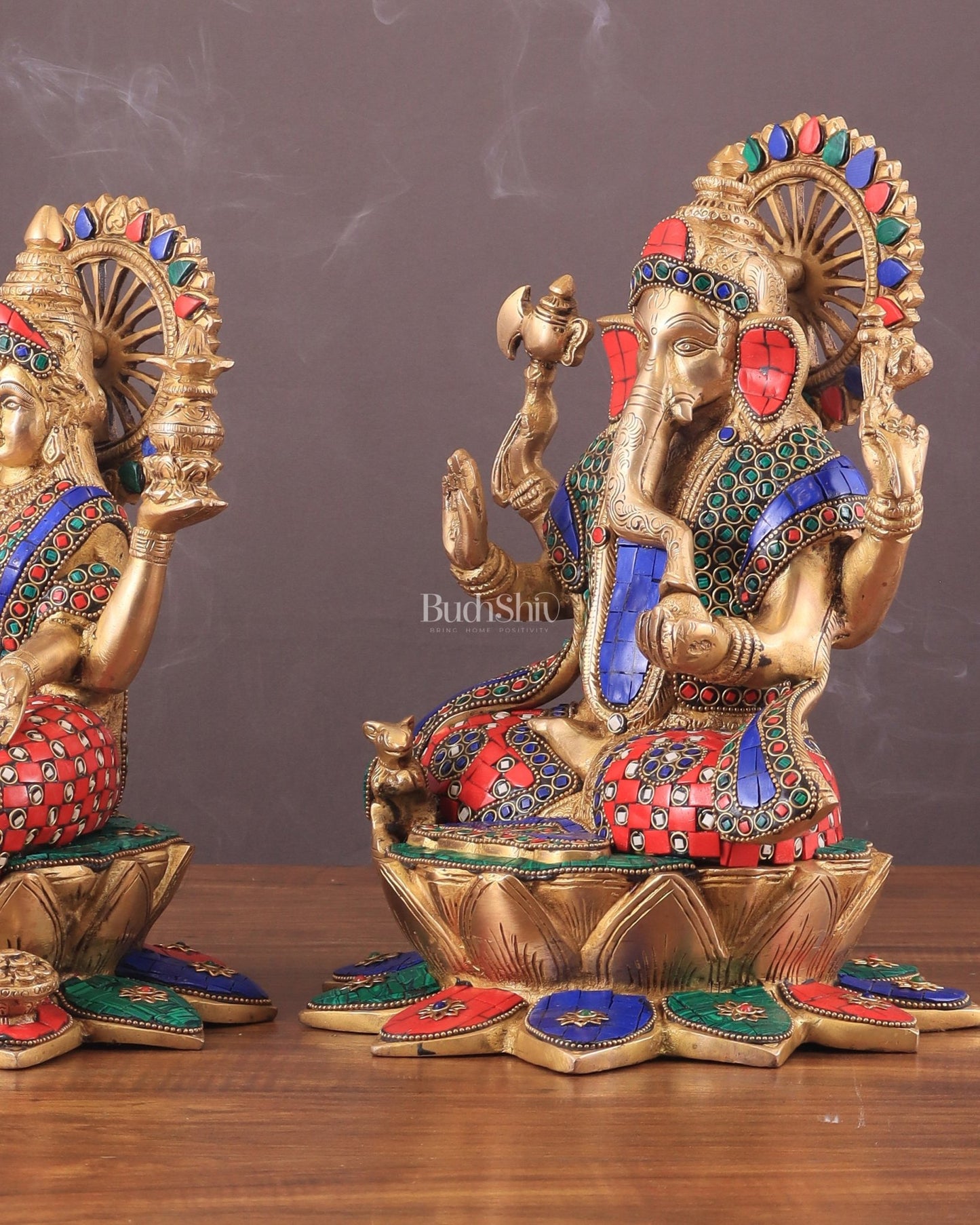 Pure Brass Ganesh Lakshmi idols Pair | 12 Inch meenakari Stonework - Budhshiv.com