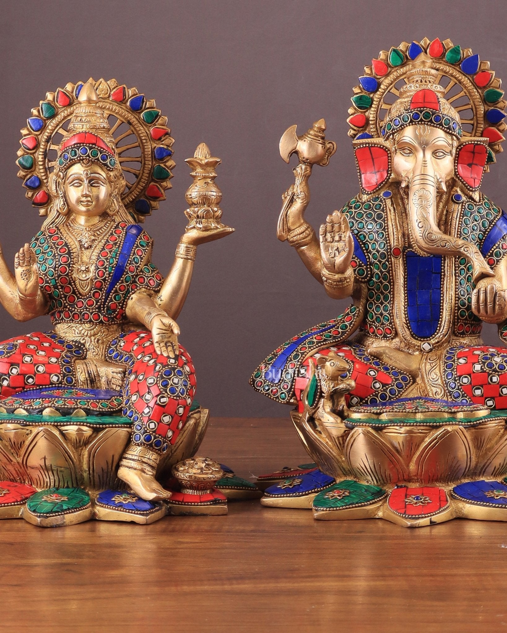 Pure Brass Ganesh Lakshmi idols Pair | 12 Inch meenakari Stonework - Budhshiv.com