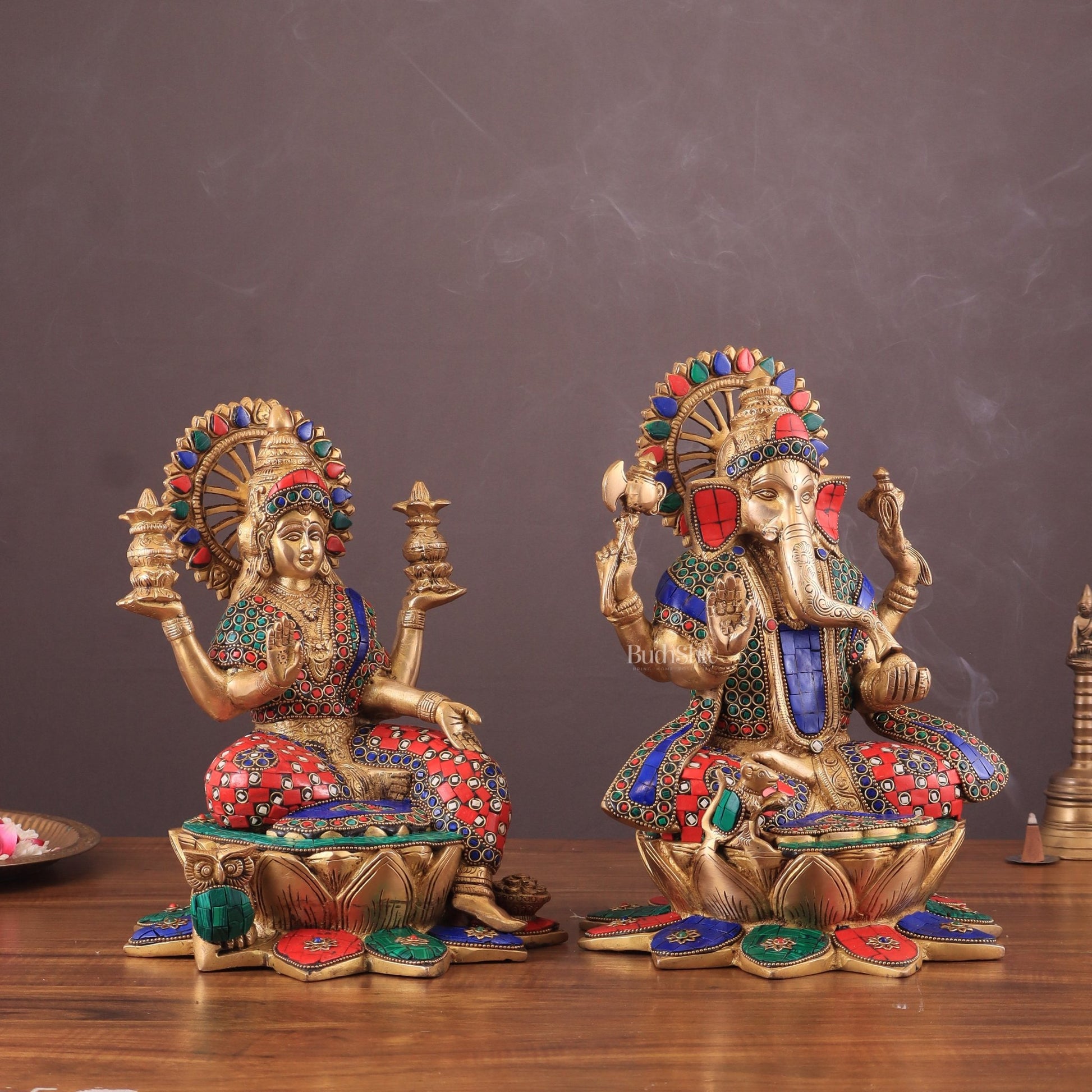 Pure Brass Ganesh Lakshmi idols Pair | 12 Inch meenakari Stonework - Budhshiv.com