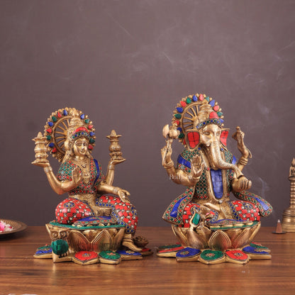 Pure Brass Ganesh Lakshmi idols Pair | 12 Inch meenakari Stonework - Budhshiv.com