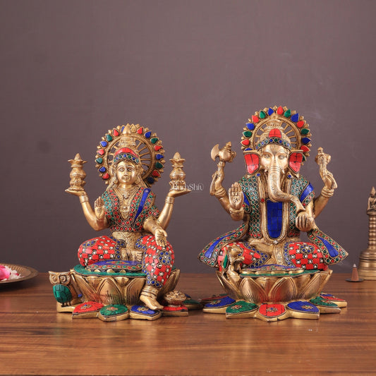 Pure Brass Ganesh Lakshmi idols Pair | 12 Inch meenakari Stonework - Budhshiv.com