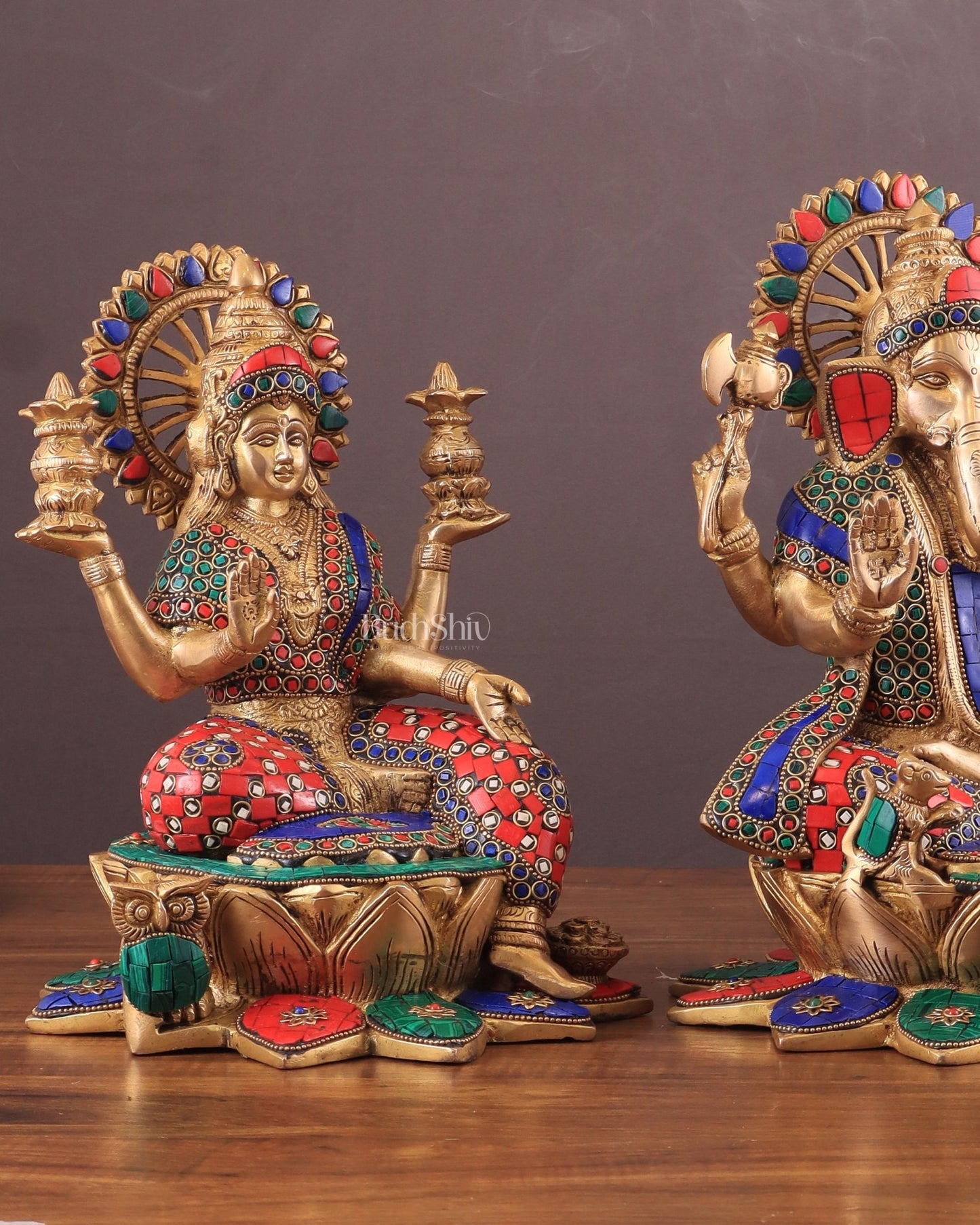 Pure Brass Ganesh Lakshmi idols Pair | 12 Inch meenakari Stonework - Budhshiv.com