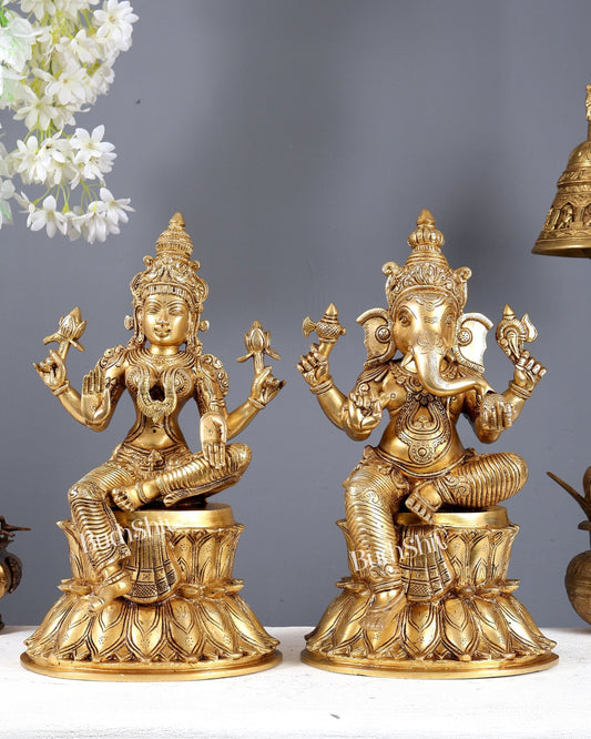 Pure Brass Ganesh Lakshmi on Lotus Idols – Divine Prosperity Duo for Home Temple 15 inch - Budhshiv.com