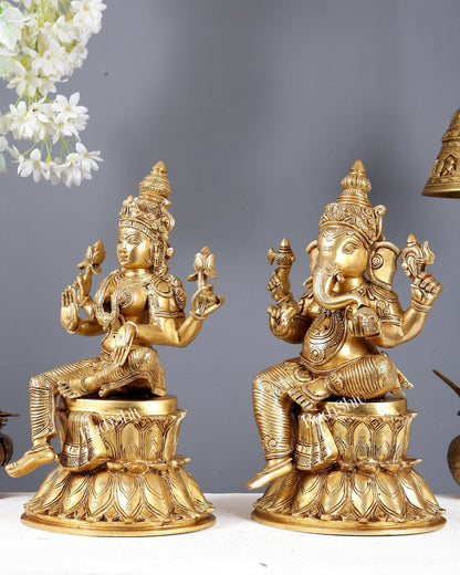 Pure Brass Ganesh Lakshmi on Lotus Idols – Divine Prosperity Duo for Home Temple 15 inch - Budhshiv.com