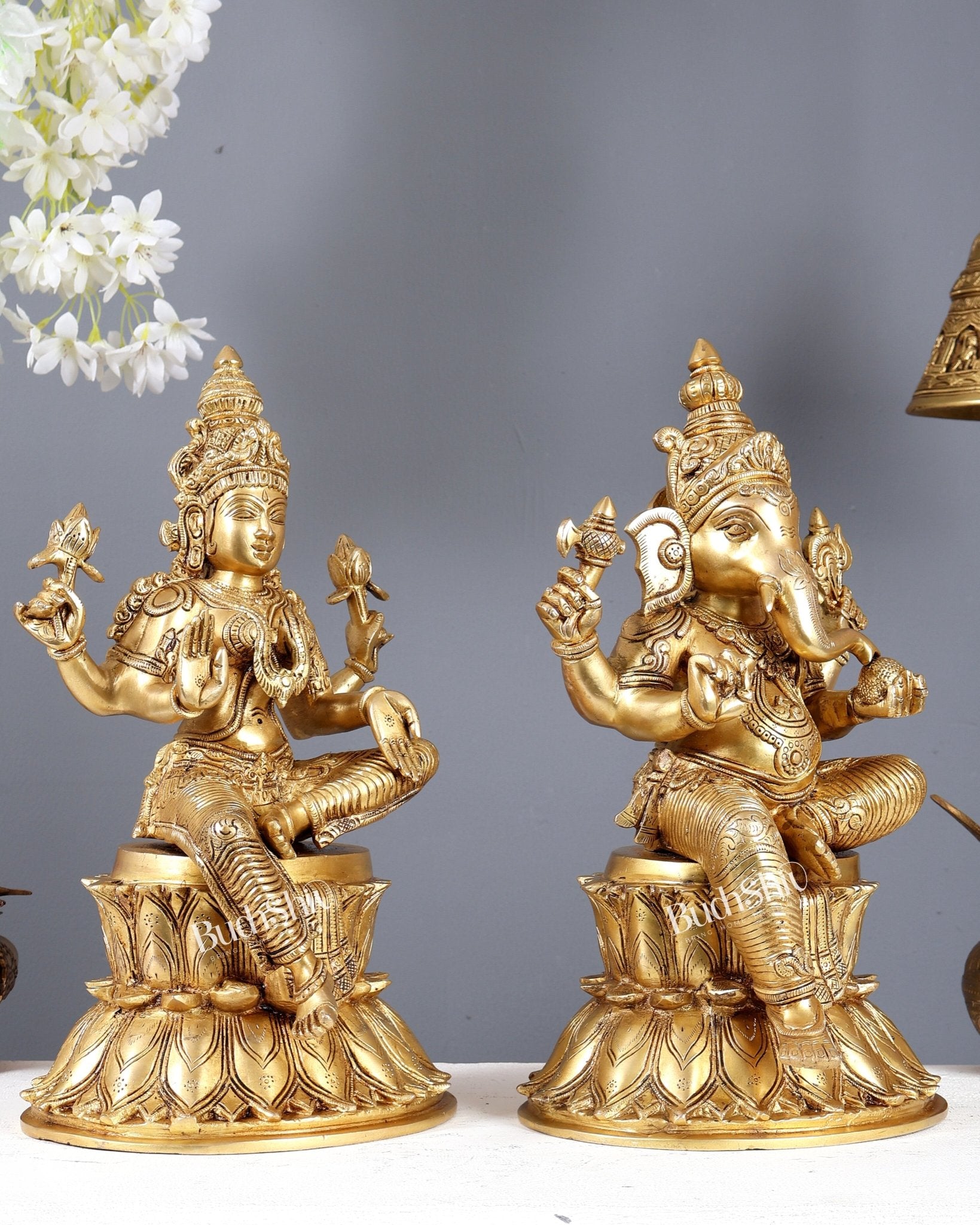 Pure Brass Ganesh Lakshmi on Lotus Idols – Divine Prosperity Duo for Home Temple 15 inch - Budhshiv.com
