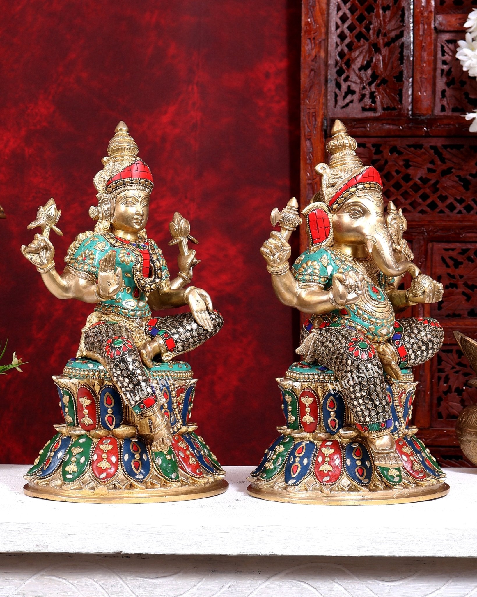 Pure Brass Ganesh Lakshmi on Lotus Idols with stonework 15 inch - Budhshiv.com