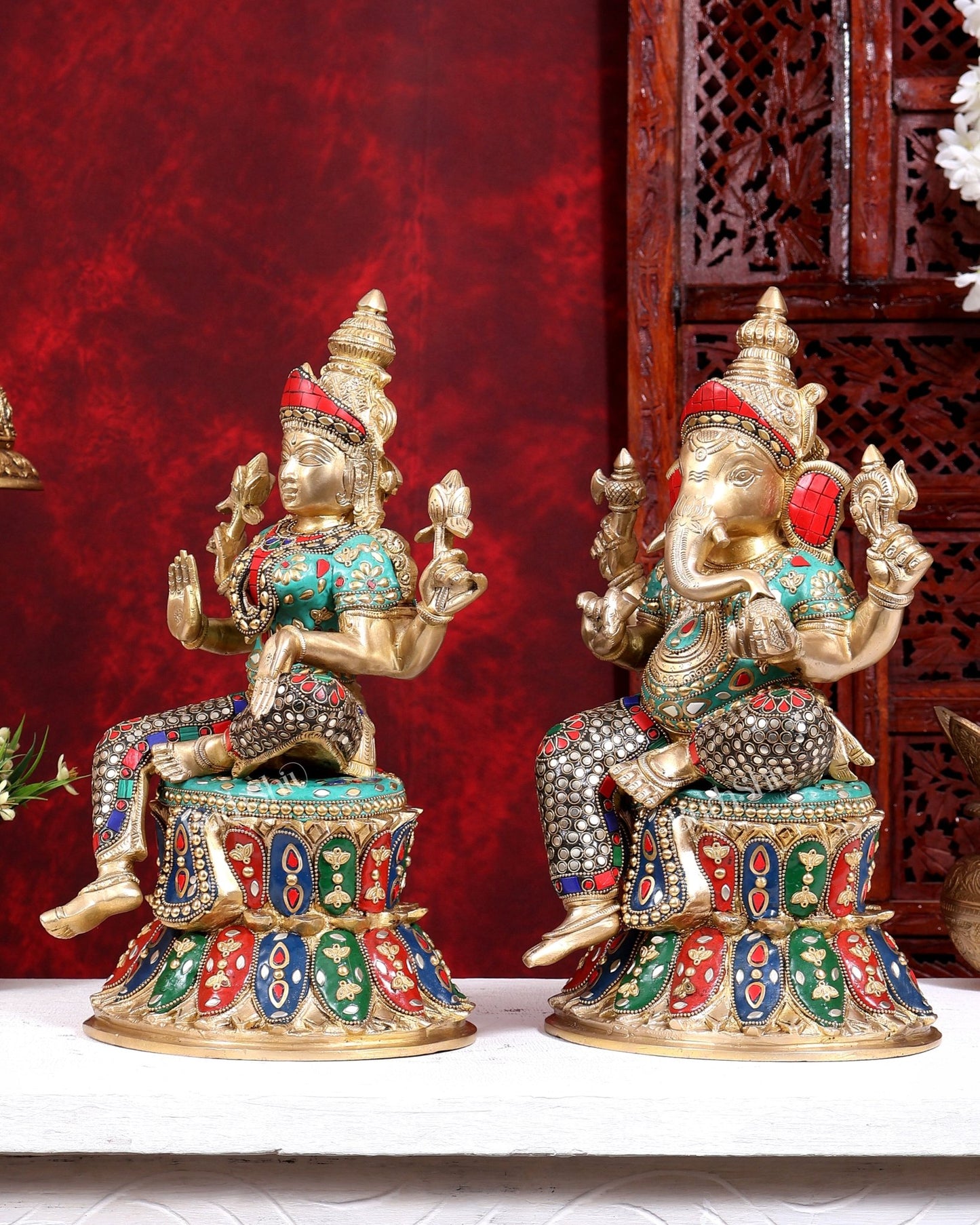 Pure Brass Ganesh Lakshmi on Lotus Idols with stonework 15 inch - Budhshiv.com