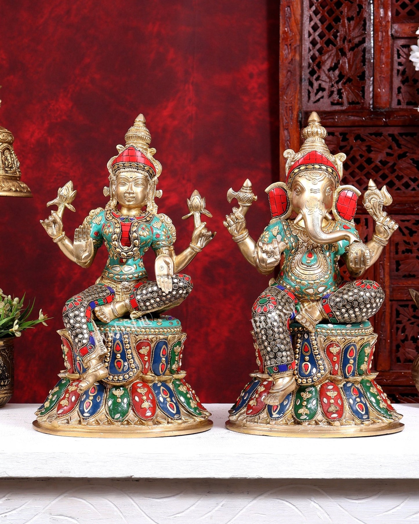 Pure Brass Ganesh Lakshmi on Lotus Idols with stonework 15 inch - Budhshiv.com