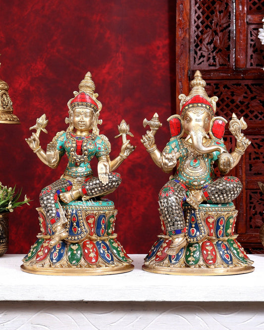 Pure Brass Ganesh Lakshmi on Lotus Idols with stonework 15 inch - Budhshiv.com