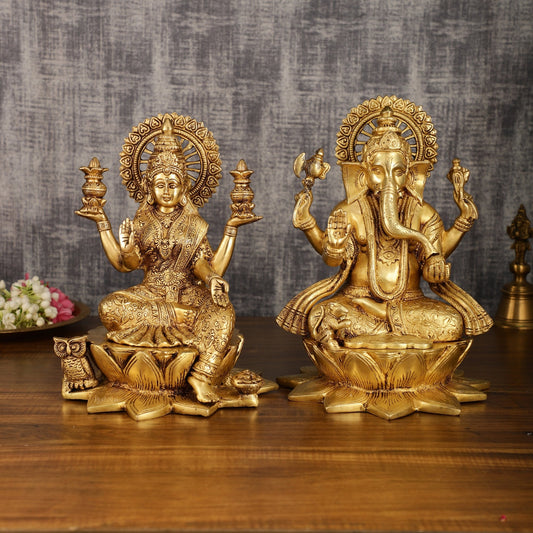 Pure Brass Ganesh Lakshmi Pair | Divine Elegance | 11 Inch Height - Budhshiv.com