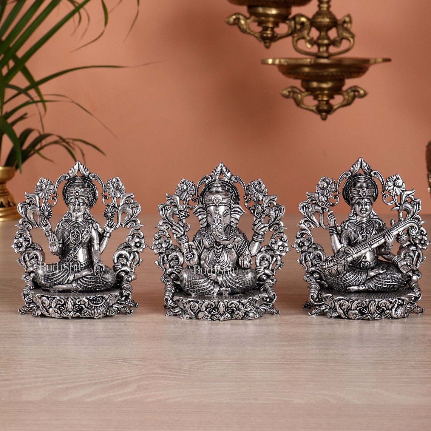 Pure Brass Ganesh Lakshmi Saraswati Idol - 4 Inch silver plated - Budhshiv.com