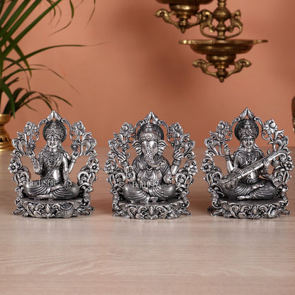 Pure Brass Ganesh Lakshmi Saraswati Idol - 4 Inch silver plated - Budhshiv.com